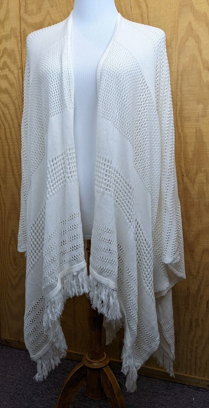 Lane Bryant Women's White Shawl Wrap Open Knit Sweater Fringe One Size Lagenlook